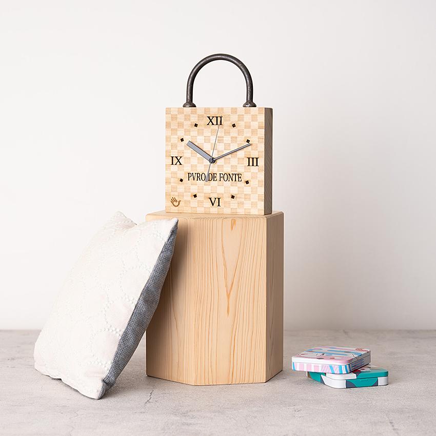 Magnolia Wood Clock, Checkered Pattern, Iron Kamaboko Handle