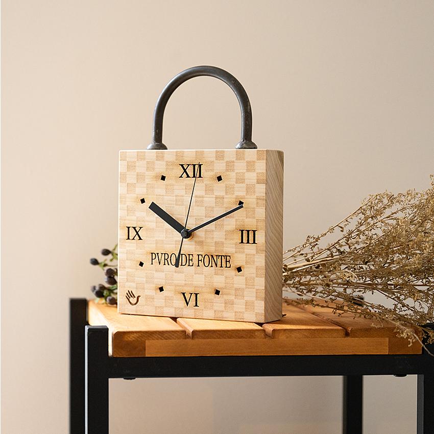 Magnolia Wood Clock, Checkered Pattern, Iron Kamaboko Handle