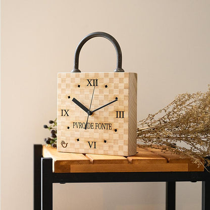 Magnolia Wood Clock, Checkered Pattern, Iron Kamaboko Handle